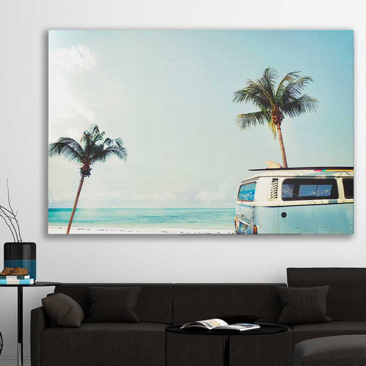 Beach and coastal wall art print of Combi Van Palms on a stretched canvas displayed in a room