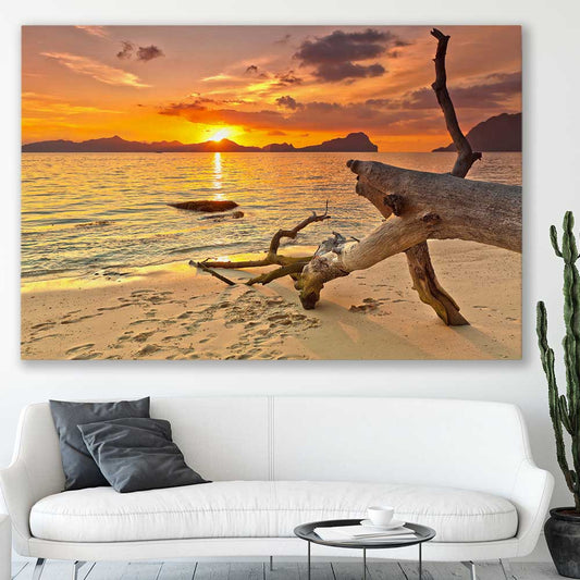 Beach and coastal wall art print of Driftwood at Sunset on a stretched canvas displayed in a room