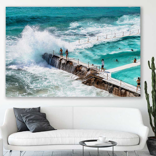 Beach and coastal wall art print of Freezing Icebergs on a stretched canvas displayed in a room