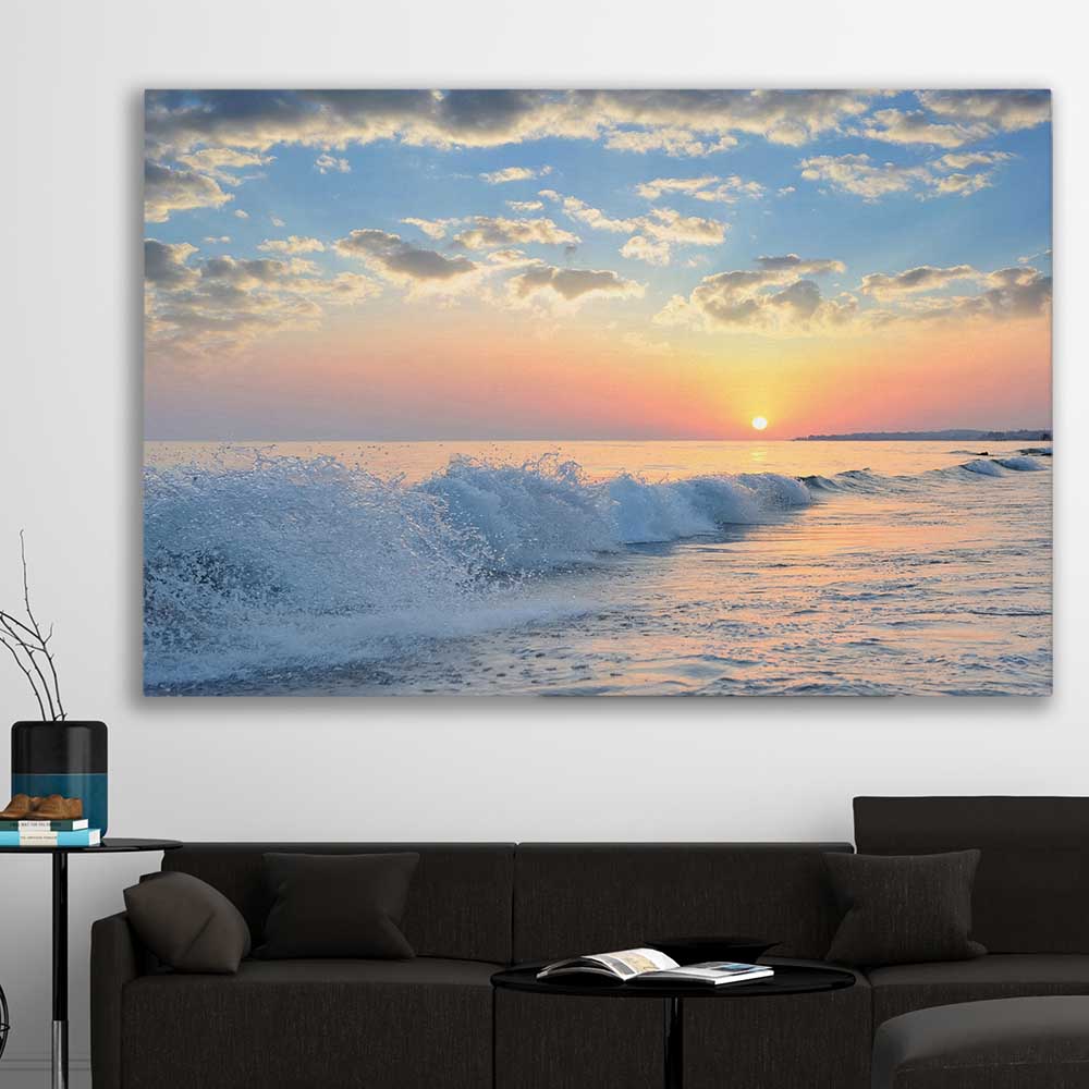Beach and coastal wall art print of Gentle Tide at Dusk on a stretched canvas displayed in a room