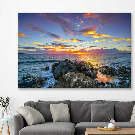 Beach and coastal wall art print of Golden Coast Horizon on a stretched canvas displayed in a room