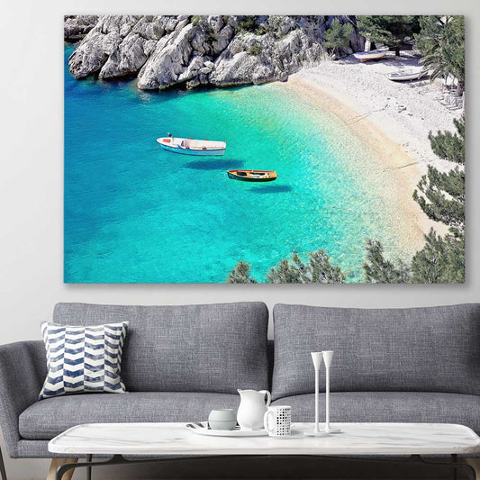 Beach and coastal wall art print of Hidden Beach on a stretched canvas displayed in a room