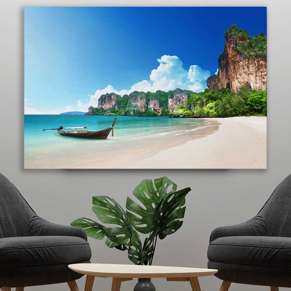 Beach and coastal wall art print of Hidden Lagoon Escape on a stretched canvas displayed in a room