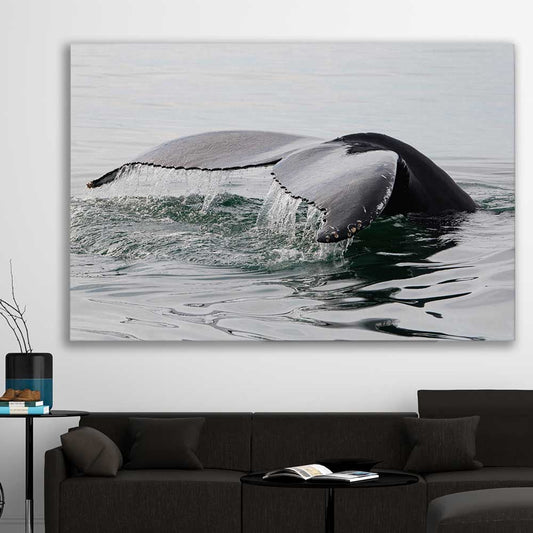 Beach and coastal wall art print of Humpback Whale on a stretched canvas displayed in a room