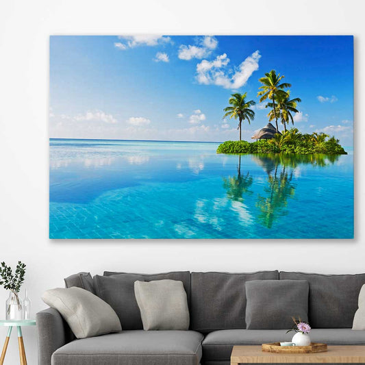 Beach and coastal wall art print of Island Serenity on a stretched canvas displayed in a room