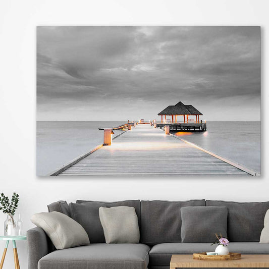Beach and coastal wall art print of Malediven Storm on a stretched canvas displayed in a room