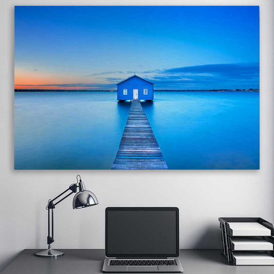 Beach and coastal wall art print of Matilda Bay Boathouse on a stretched canvas displayed in a room