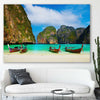 Beach and coastal wall art print of Maya Bay Beach on a stretched canvas displayed in a room