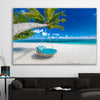 Beach and coastal wall art print of Paradise Swing on a stretched canvas displayed in a room