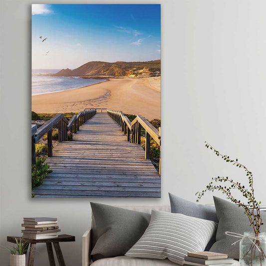 Beach and coastal wall art print of Paradise Walkway on a stretched canvas displayed in a room