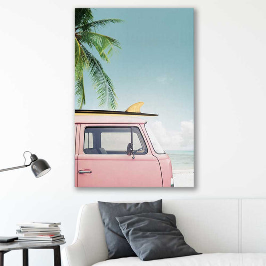Beach and coastal wall art print of Pink Combi on a stretched canvas displayed in a room