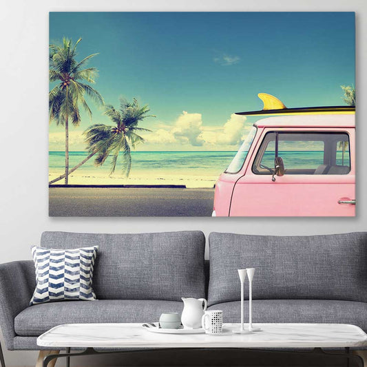 Beach and coastal wall art print of Pink Combi Surf on a stretched canvas displayed in a room
