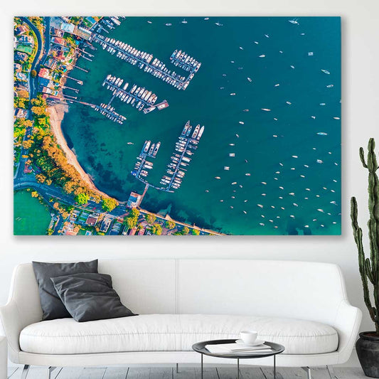 Beach and coastal wall art print of Point Piper Piers on a stretched canvas displayed in a room