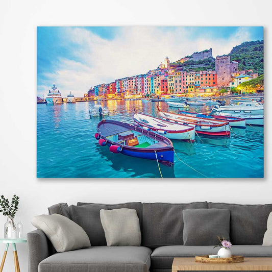 Beach and coastal wall art print of Porto Venere on a stretched canvas displayed in a room