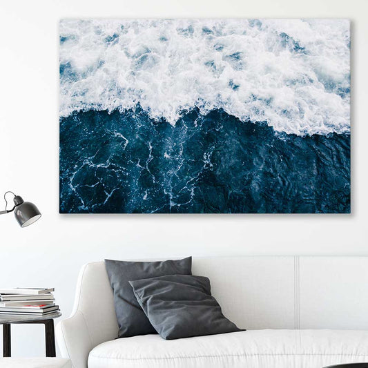 Beach and coastal wall art print of Refreshing Waves on a stretched canvas displayed in a room