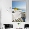 Beach and coastal wall art print of Santorini Walkway on a stretched canvas displayed in a room