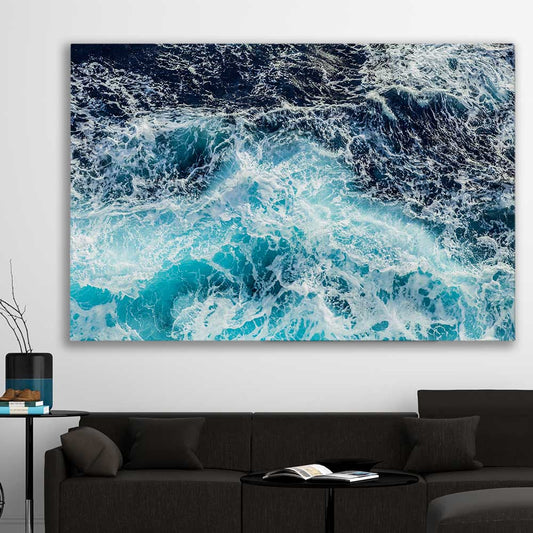 Beach and coastal wall art print of Sea Waves on a stretched canvas displayed in a room