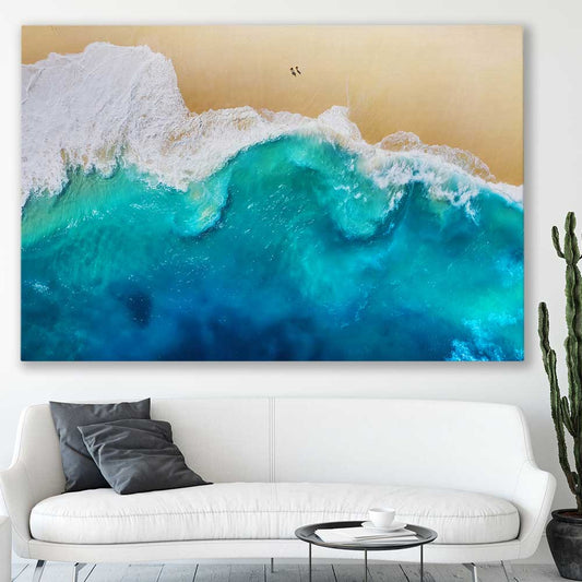 Beach and coastal wall art print of Summer Waves on a stretched canvas displayed in a room