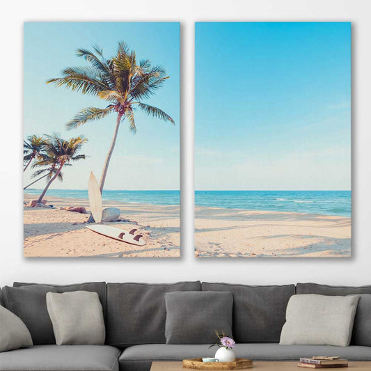 Beach and coastal wall art print of Surfing Break Pair on a stretched canvas displayed in a room