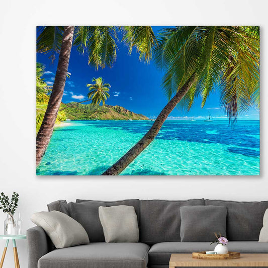 Beach and coastal wall art print of Tahiti Paradise on a stretched canvas displayed in a room