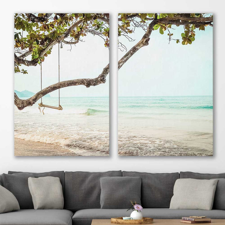 Beach and coastal wall art print of Tropical Beach Pair on a stretched canvas displayed in a room