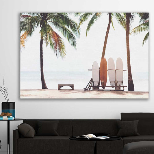 Beach and coastal wall art print of Tropical Boards on a stretched canvas displayed in a room