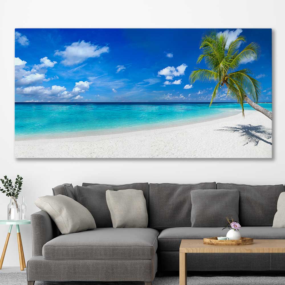 Beach and coastal wall art print of Tropical Escape on a stretched canvas displayed in a room