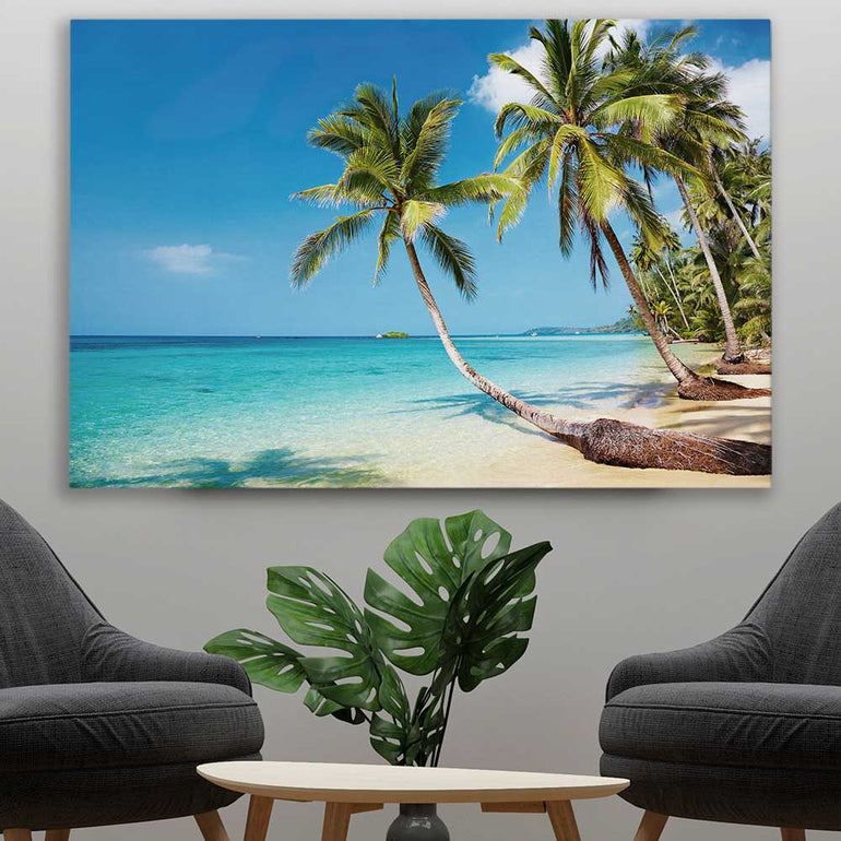 Beach and coastal wall art print of Tropical Paradise on a stretched canvas displayed in a room