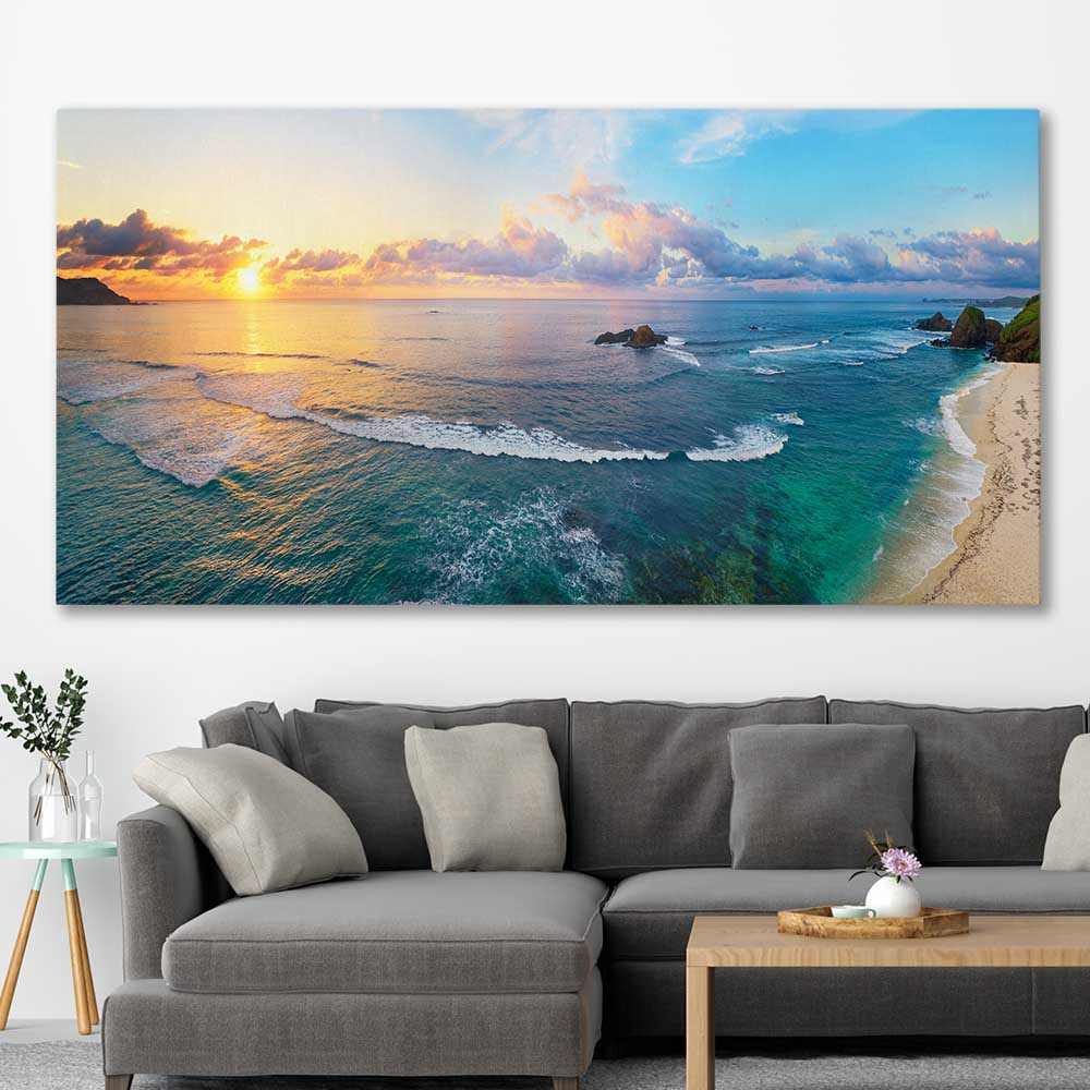 Beach and coastal wall art print of Tropical Surfers Beach on a stretched canvas displayed in a room