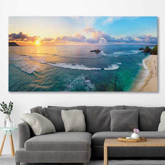 Beach and coastal wall art print of Tropical Surfers Beach on a stretched canvas displayed in a room