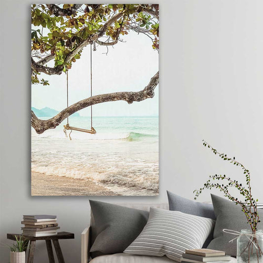 Beach and coastal wall art print of Tropical Swing on a stretched canvas displayed in a room