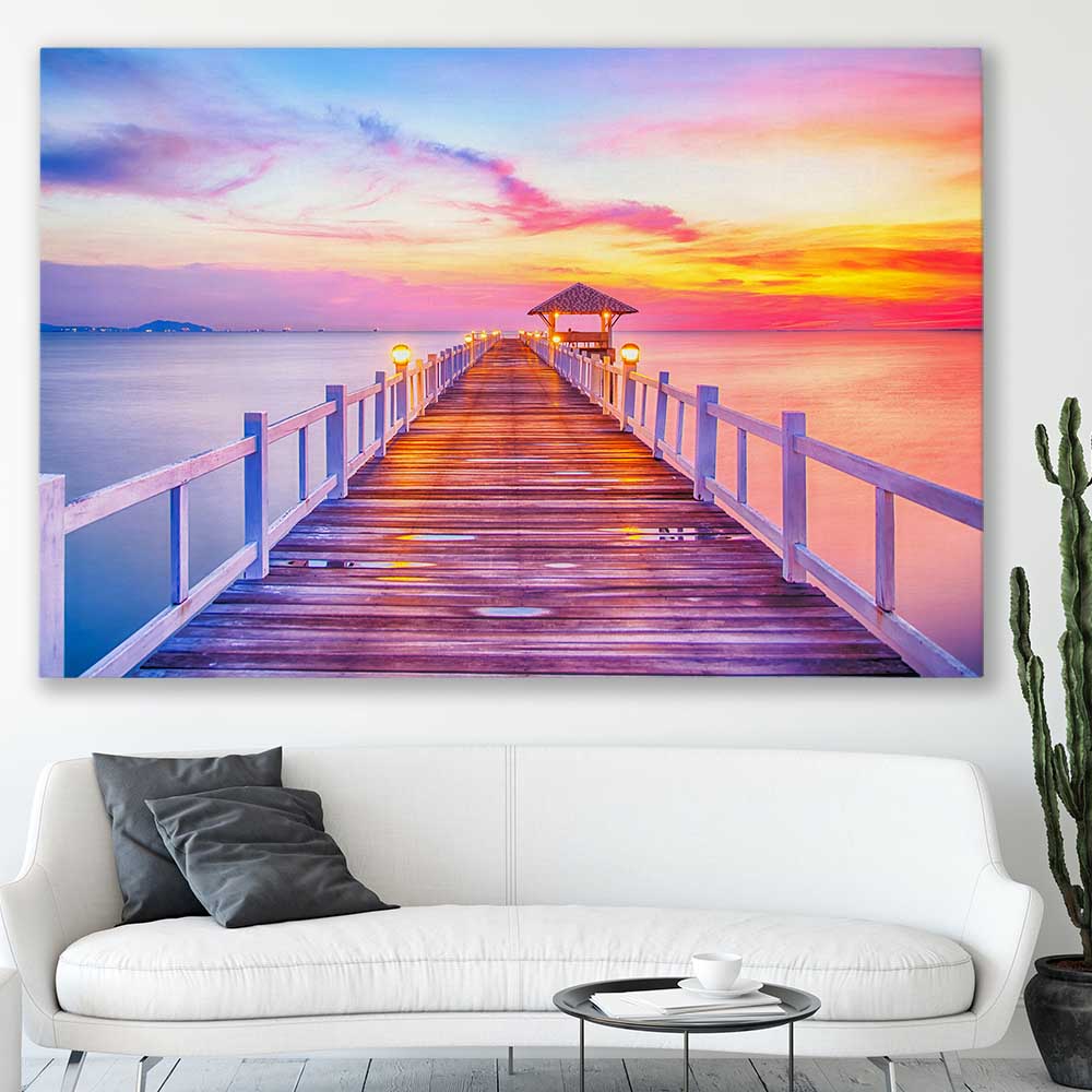 Beach and coastal wall art print of Walking Into Stillness on a stretched canvas displayed in a room