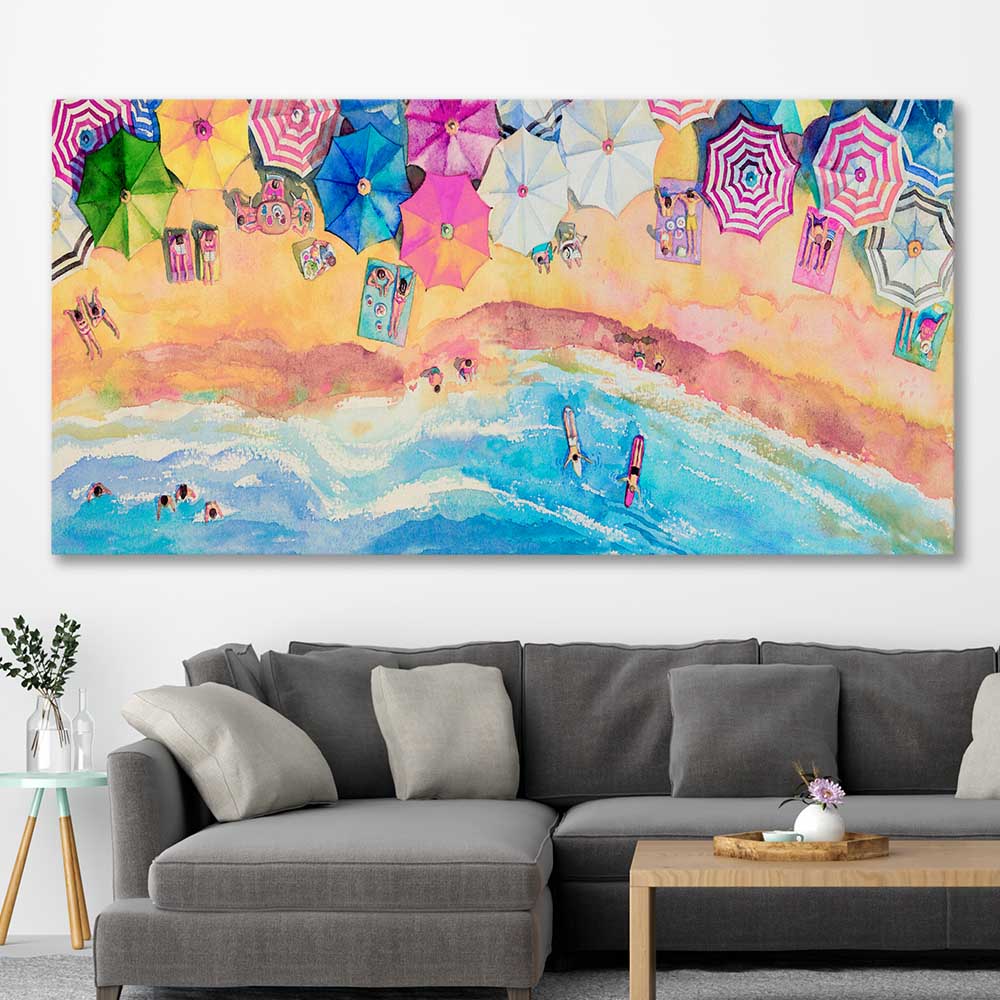 Beach and coastal wall art print of Watercolour Beachscape on a stretched canvas displayed in a room