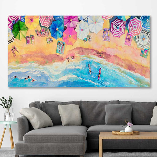 Beach and coastal wall art print of Watercolour Beachscape on a stretched canvas displayed in a room