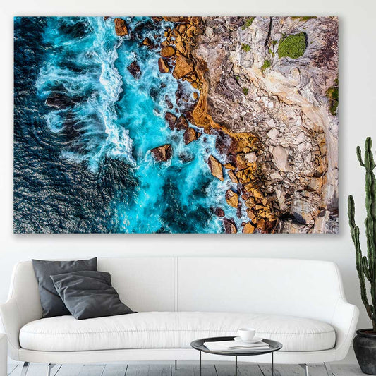 Beach and coastal wall art print of Watsons Bay Waves on a stretched canvas displayed in a room