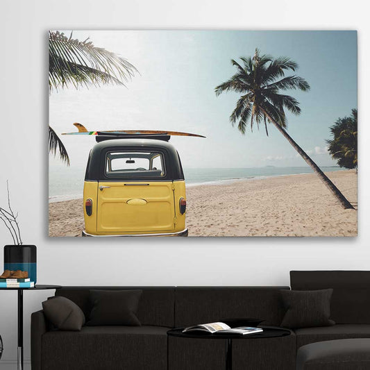 Beach and coastal wall art print of Yellow Combi Surf on a stretched canvas displayed in a room
