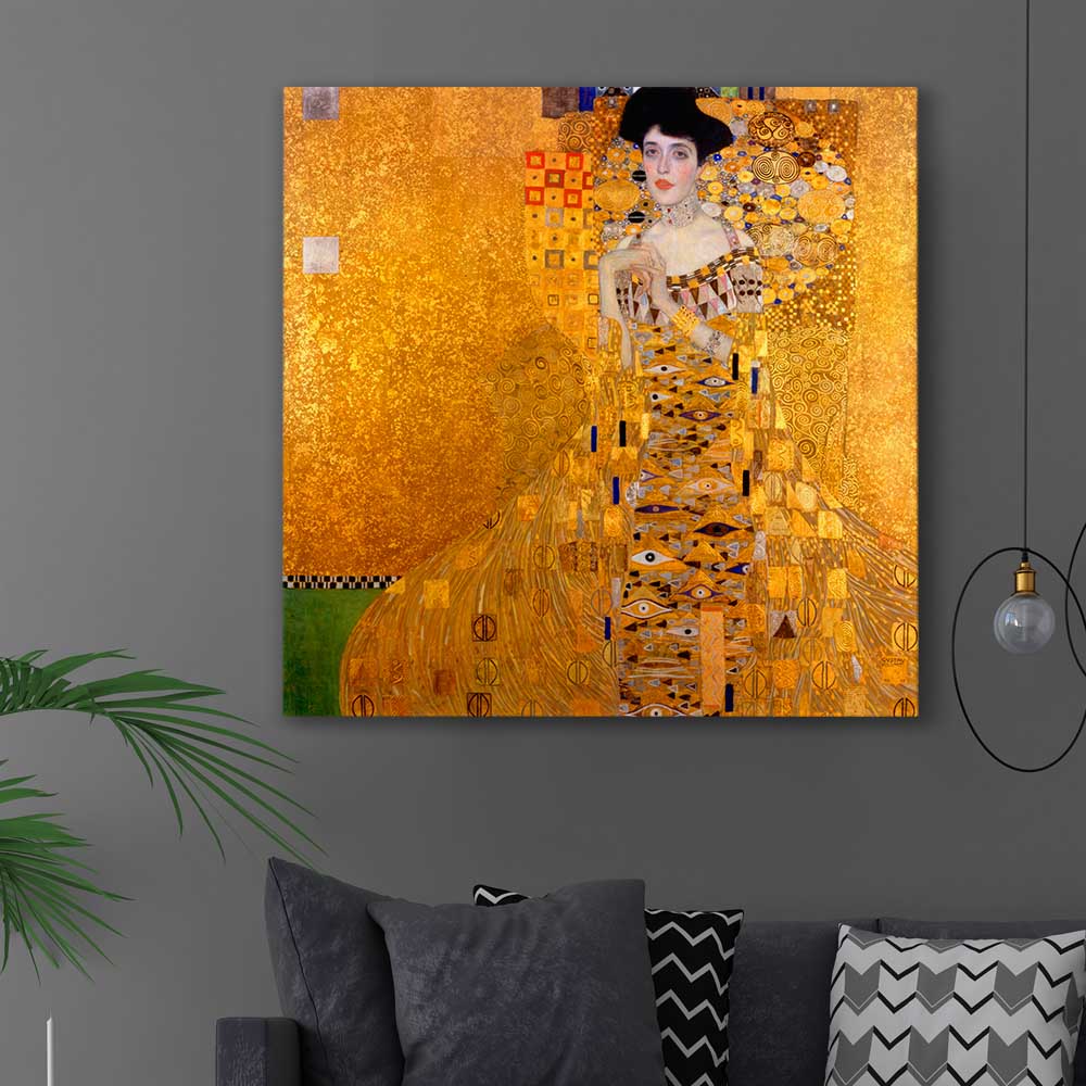 Classic wall art and canvas print of Adele Bloch-Bauer I Gustav Klimt on a stretched canvas displayed in a room