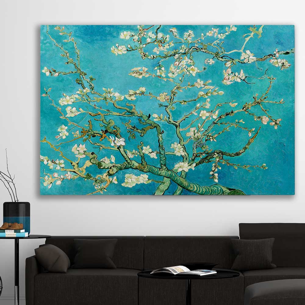 Classic wall art and canvas print of Almond Blossom Van Gogh on a stretched canvas displayed in a room