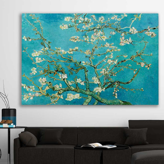 Classic wall art and canvas print of Almond Blossom Van Gogh on a stretched canvas displayed in a room