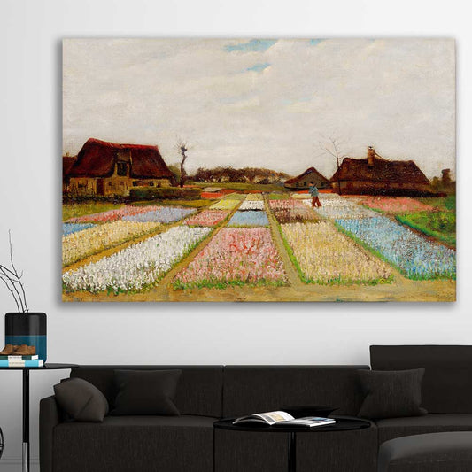 Classic wall art and canvas print of Bulb Fields Van Gogh on a stretched canvas displayed in a room