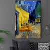 Classic wall art and canvas print of Cafe Terrace Van Gogh on a stretched canvas displayed in a room