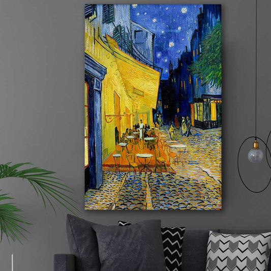 Classic wall art and canvas print of Cafe Terrace Van Gogh on a stretched canvas displayed in a room