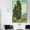 Classic wall art and canvas print of Cypresses Van Gogh on a stretched canvas displayed in a room