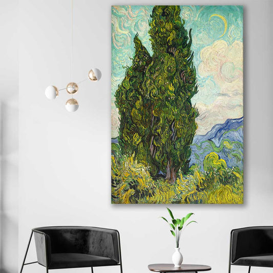 Classic wall art and canvas print of Cypresses Van Gogh on a stretched canvas displayed in a room
