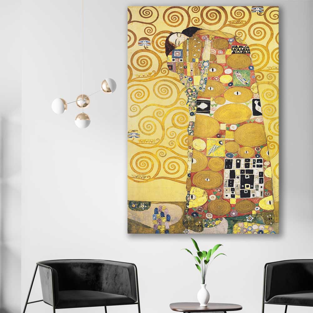 Classic wall art and canvas print of Fulfillment Gustav Klimt on a stretched canvas displayed in a room