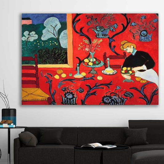 Classic wall art and canvas print of Harmony in Red Henri Matisse on a stretched canvas displayed in a room