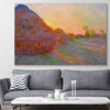 Classic wall art and canvas print of Haystacks Claude Monet on a stretched canvas displayed in a room