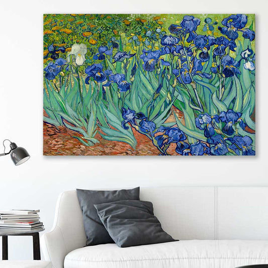 Classic wall art and canvas print of Irises Van Gogh on a stretched canvas displayed in a room