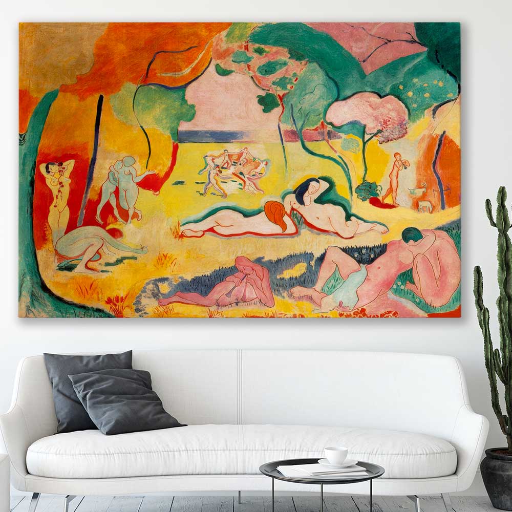 Classic wall art and canvas print of Joy of Life Henri Matisse on a stretched canvas displayed in a room