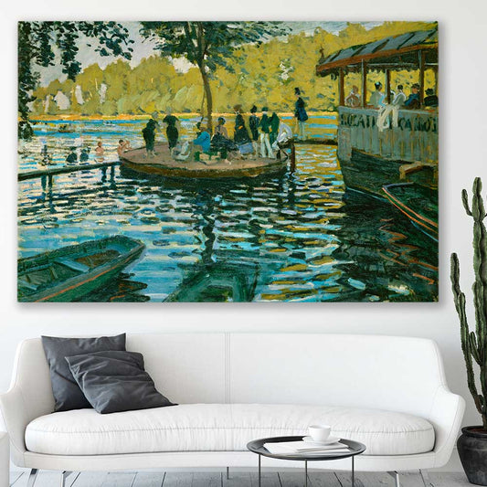 Classic wall art and canvas print of La Grenouillere Claude Monet on a stretched canvas displayed in a room